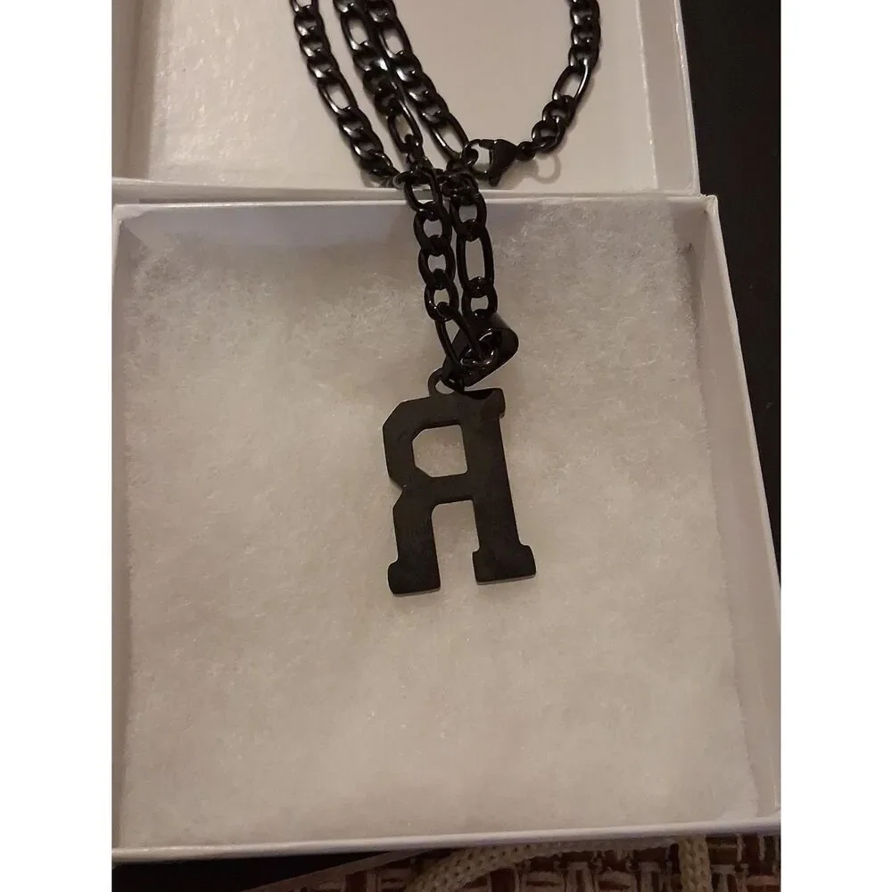 Black 'R' Pendant Necklace With Red Detail On A Black Chain New In Box